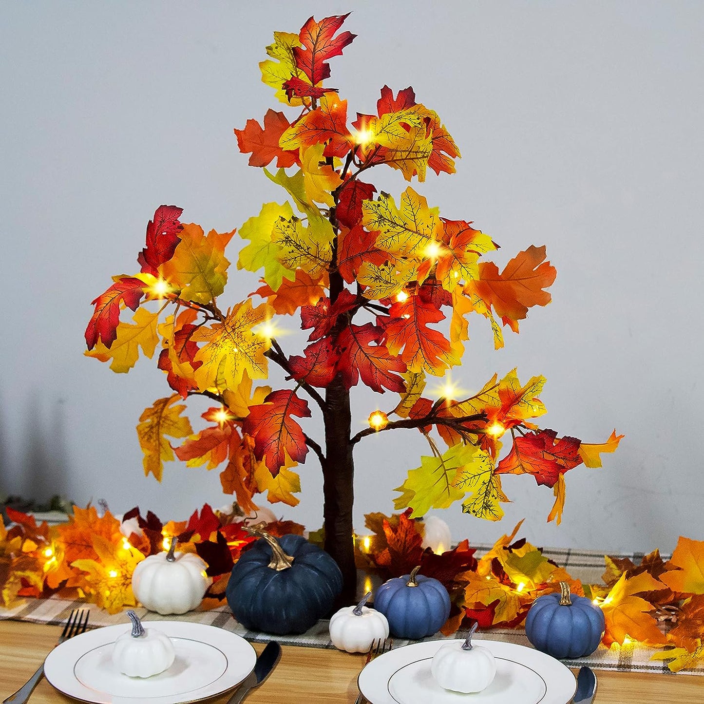 Fall Decorations for Home, 25" 24 LED Artificial Fall Maple Leaves Table Tree with Pumpkins Lights Indoor Wedding Party Autumn Decor