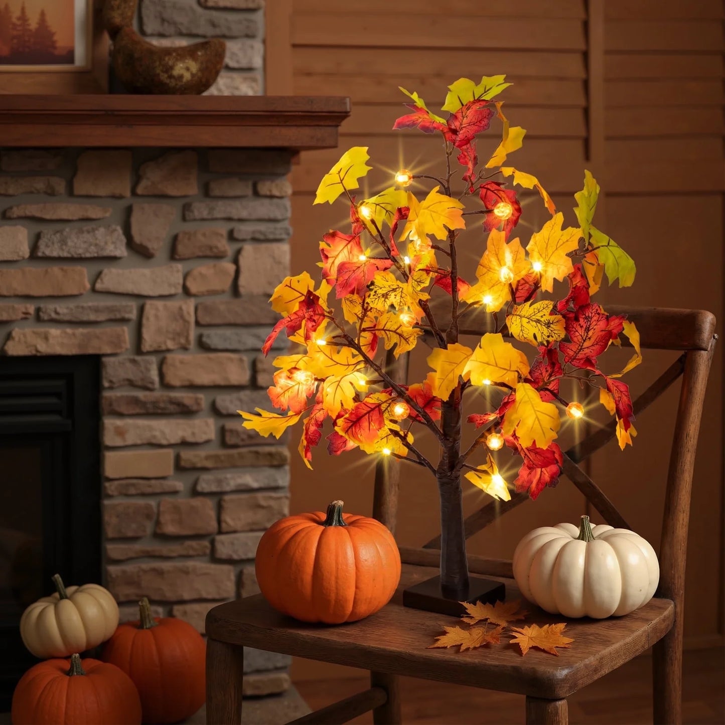 Fall Decorations for Home, 25" 24 LED Artificial Fall Maple Leaves Table Tree with Pumpkins Lights Indoor Wedding Party Autumn Decor