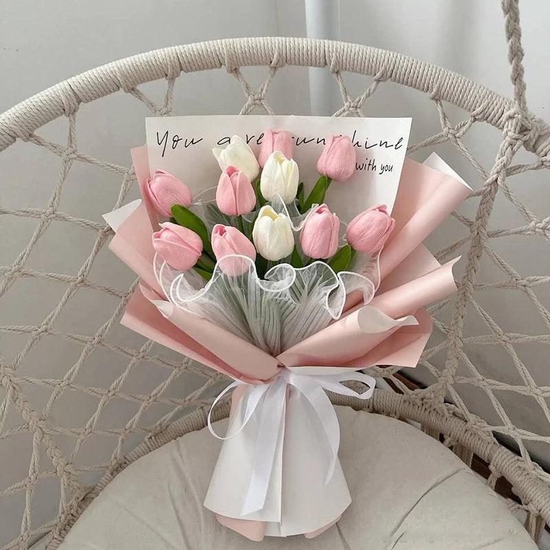 10 Heads Luxury Artificial Tulips Flowers White Real Touch Bouquet Foam Fake Flower Wedding Home Living Room Christmas Decoratio