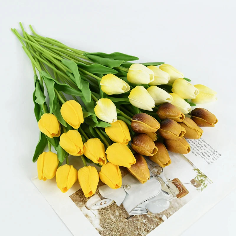 10 Heads Luxury Artificial Tulips Flowers White Real Touch Bouquet Foam Fake Flower Wedding Home Living Room Christmas Decoratio