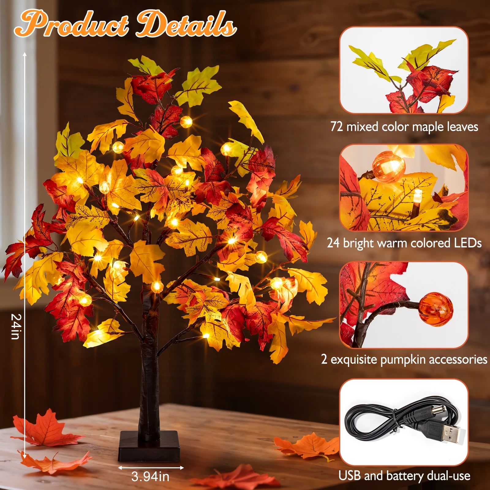 Fall Decorations for Home, 25" 24 LED Artificial Fall Maple Leaves Table Tree with Pumpkins Lights Indoor Wedding Party Autumn Decor