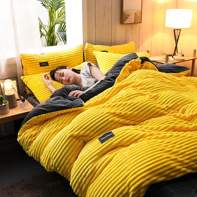 Winter Warm 3Pcs Bedding Sets Double Bed Quilt Cover Thick Double-Sided Velvet King Twin Queen Size Duvet Cover with Pillowscase