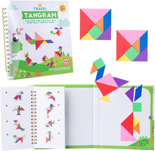 Travel Tangram Puzzle with 2 Sets Magnetic Plate-Montessori Shape Pattern Blocks Jigsaw Road Trip Games with 368 Solution - IQ Book Educational Toy Brain Teaser Gift for Kids Adults Challenge