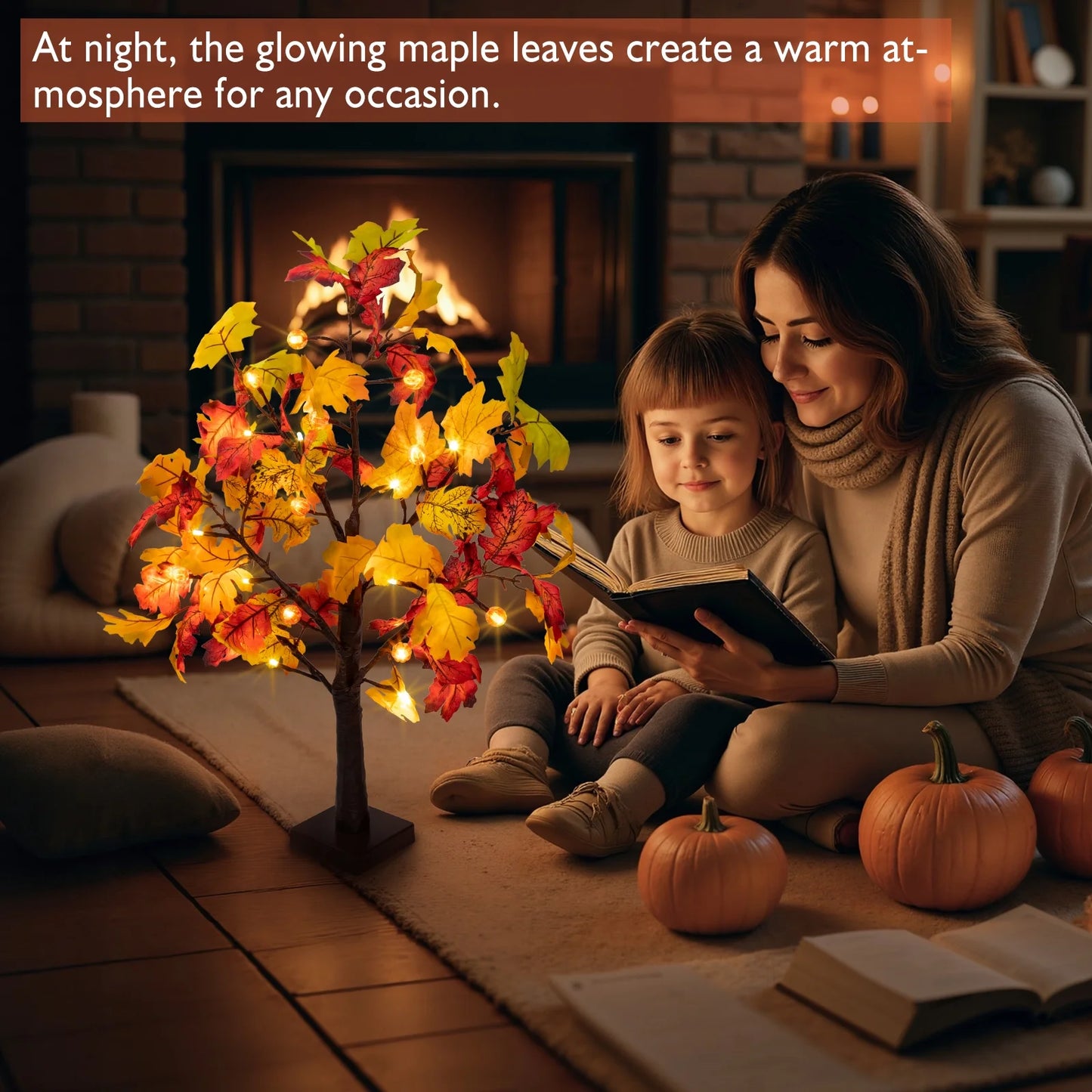 Fall Decorations for Home, 25" 24 LED Artificial Fall Maple Leaves Table Tree with Pumpkins Lights Indoor Wedding Party Autumn Decor