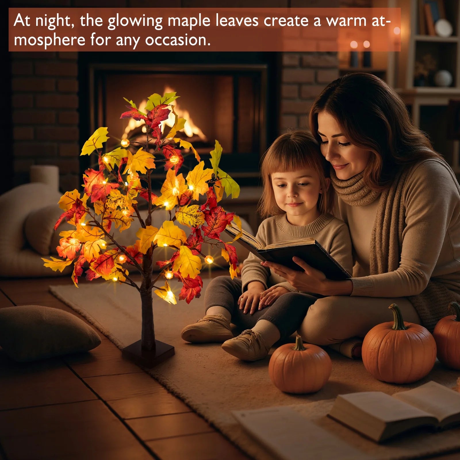 Fall Decorations for Home, 25" 24 LED Artificial Fall Maple Leaves Table Tree with Pumpkins Lights Indoor Wedding Party Autumn Decor