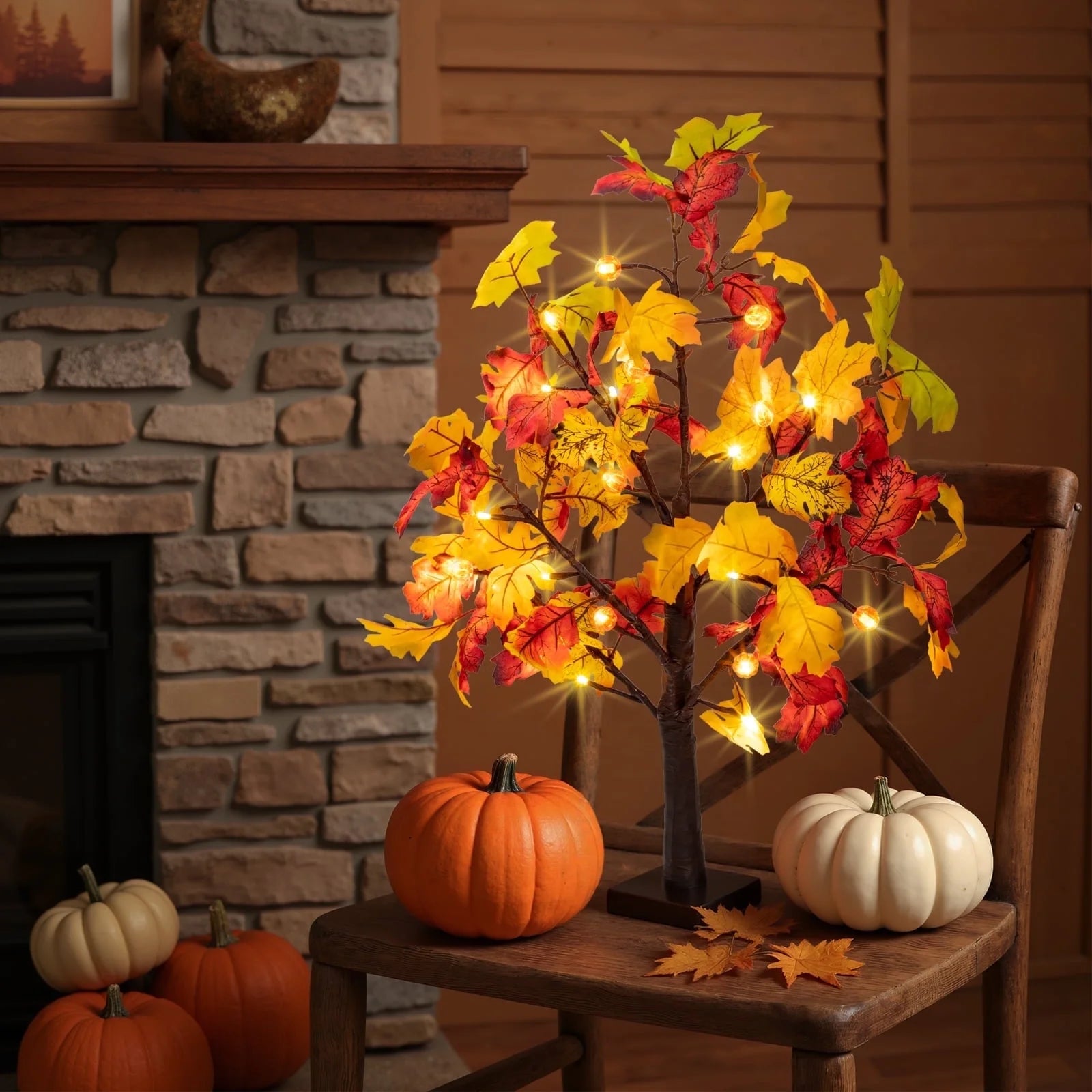 Fall Decorations for Home, 25" 24 LED Artificial Fall Maple Leaves Table Tree with Pumpkins Lights Indoor Wedding Party Autumn Decor