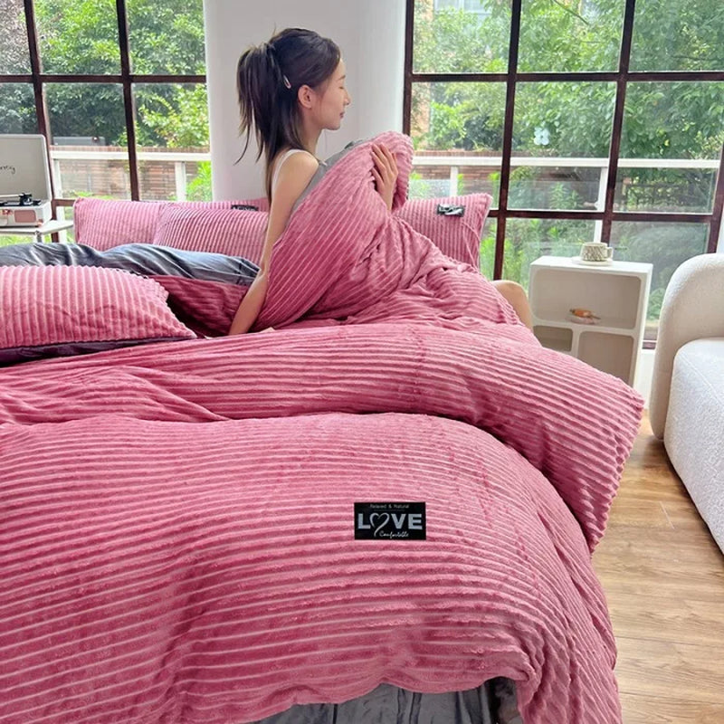Winter Warm 3Pcs Bedding Sets Double Bed Quilt Cover Thick Double-Sided Velvet King Twin Queen Size Duvet Cover with Pillowscase