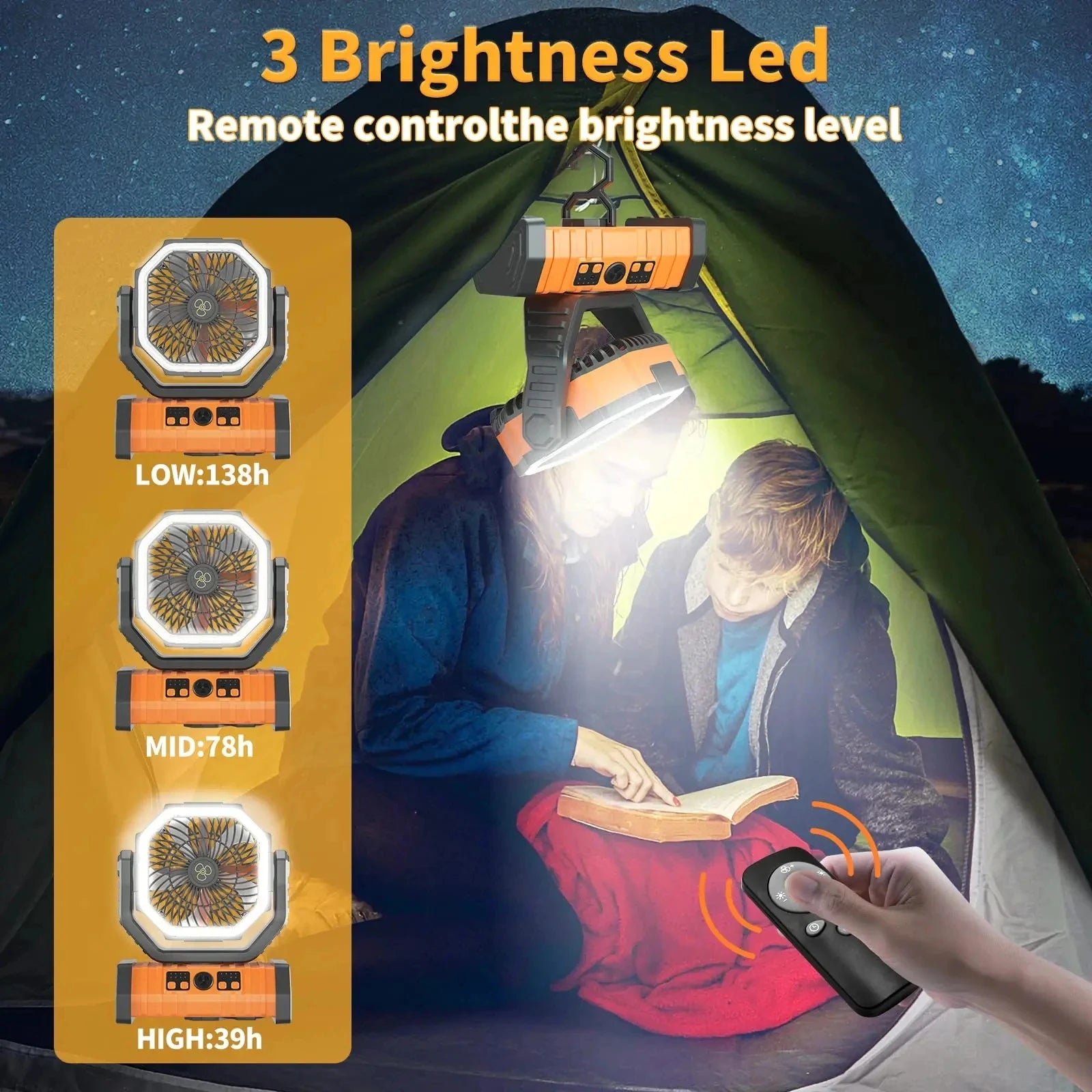 20000Mah High-Capacity Battery LED Light Camping Fan Movable Wireless Air Circulators Outdoor Ventilador with Hook