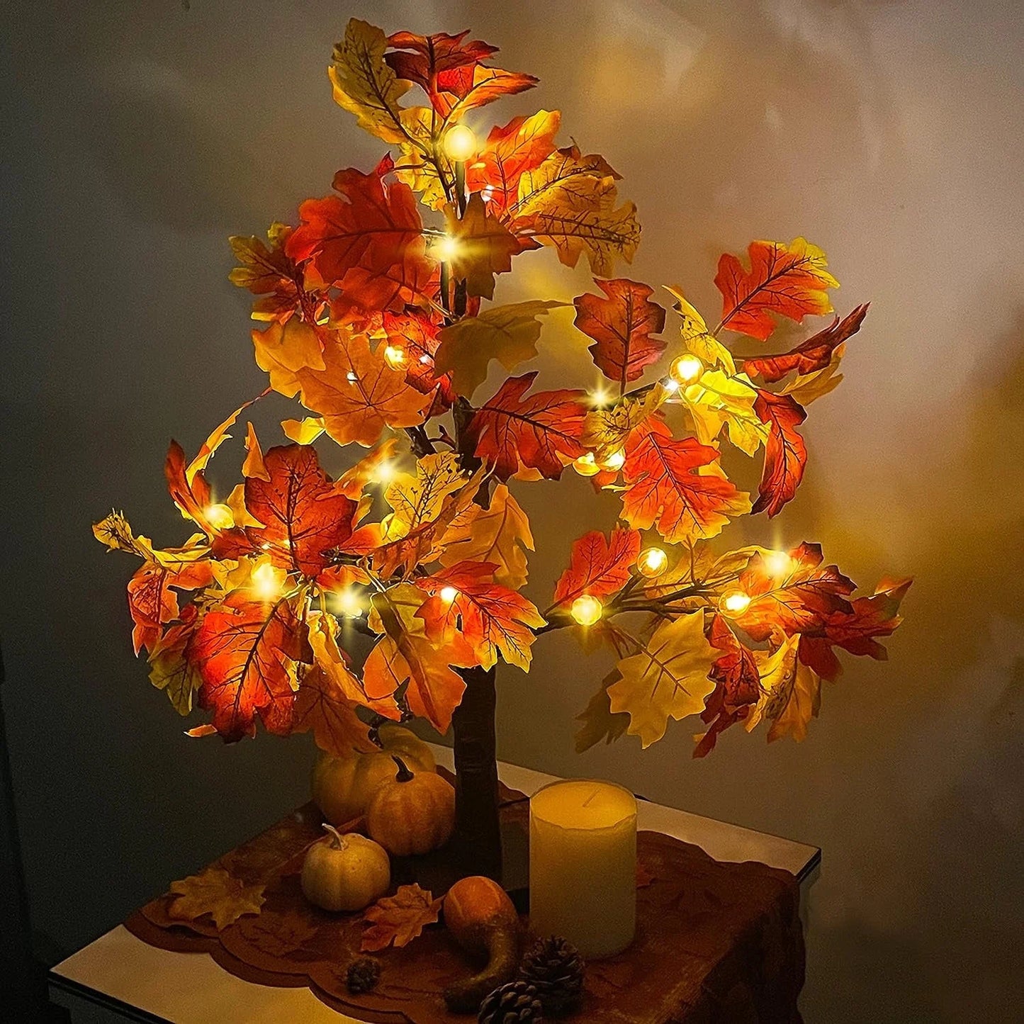 Fall Decorations for Home, 25" 24 LED Artificial Fall Maple Leaves Table Tree with Pumpkins Lights Indoor Wedding Party Autumn Decor