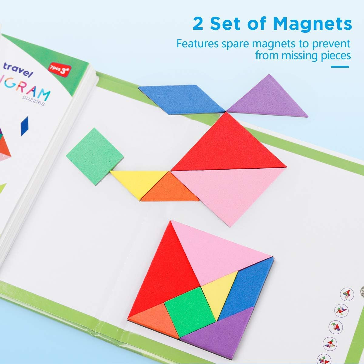 Travel Tangram Puzzle with 2 Sets Magnetic Plate-Montessori Shape Pattern Blocks Jigsaw Road Trip Games with 368 Solution - IQ Book Educational Toy Brain Teaser Gift for Kids Adults Challenge