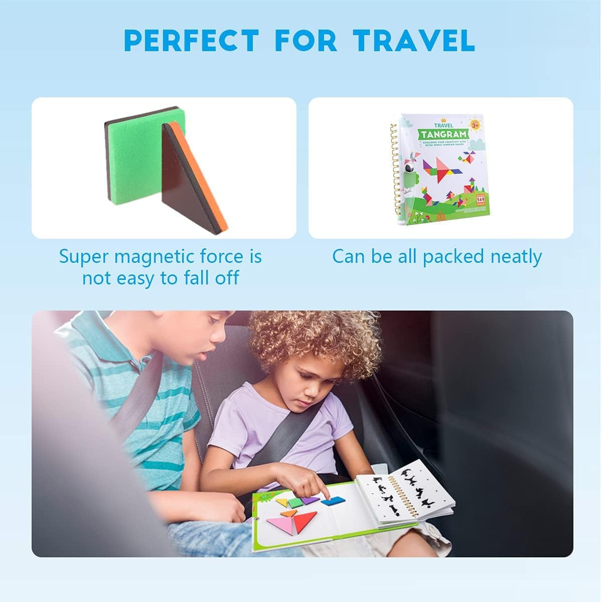 Travel Tangram Puzzle with 2 Sets Magnetic Plate-Montessori Shape Pattern Blocks Jigsaw Road Trip Games with 368 Solution - IQ Book Educational Toy Brain Teaser Gift for Kids Adults Challenge