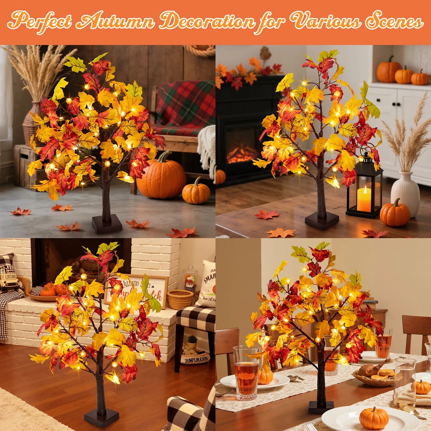 Fall Decorations for Home, 25" 24 LED Artificial Fall Maple Leaves Table Tree with Pumpkins Lights Indoor Wedding Party Autumn Decor