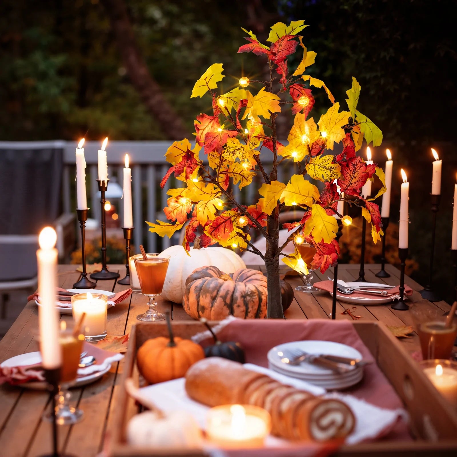 Fall Decorations for Home, 25" 24 LED Artificial Fall Maple Leaves Table Tree with Pumpkins Lights Indoor Wedding Party Autumn Decor