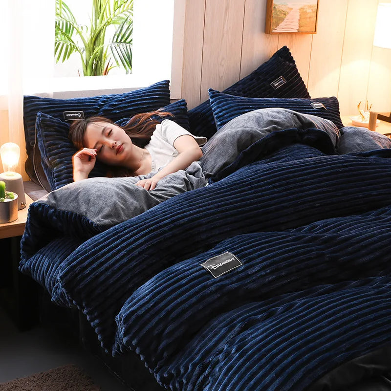 Winter Warm 3Pcs Bedding Sets Double Bed Quilt Cover Thick Double-Sided Velvet King Twin Queen Size Duvet Cover with Pillowscase