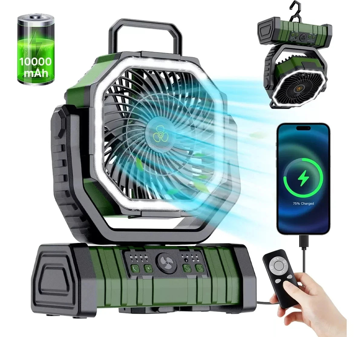 20000Mah High-Capacity Battery LED Light Camping Fan Movable Wireless Air Circulators Outdoor Ventilador with Hook