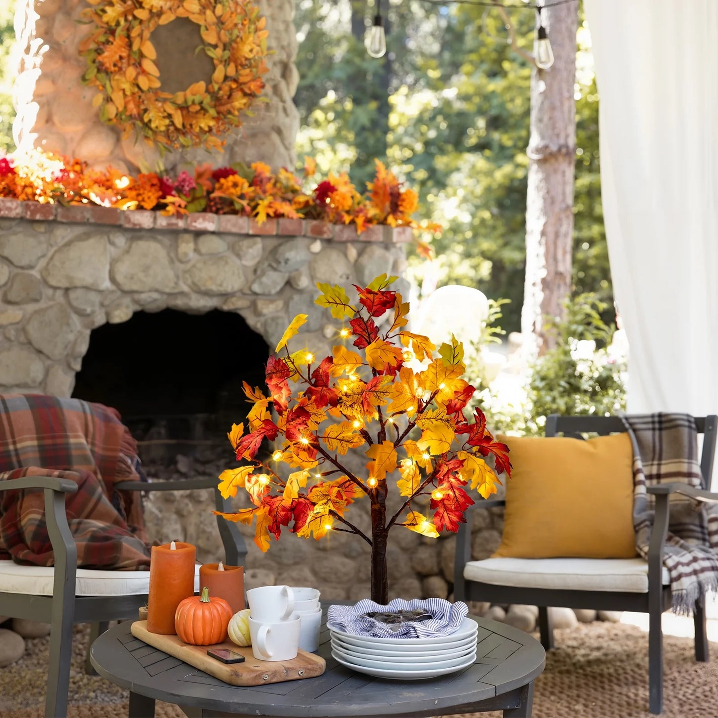 Fall Decorations for Home, 25" 24 LED Artificial Fall Maple Leaves Table Tree with Pumpkins Lights Indoor Wedding Party Autumn Decor