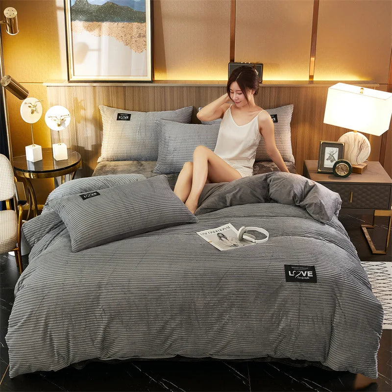 Winter Warm 3Pcs Bedding Sets Double Bed Quilt Cover Thick Double-Sided Velvet King Twin Queen Size Duvet Cover with Pillowscase