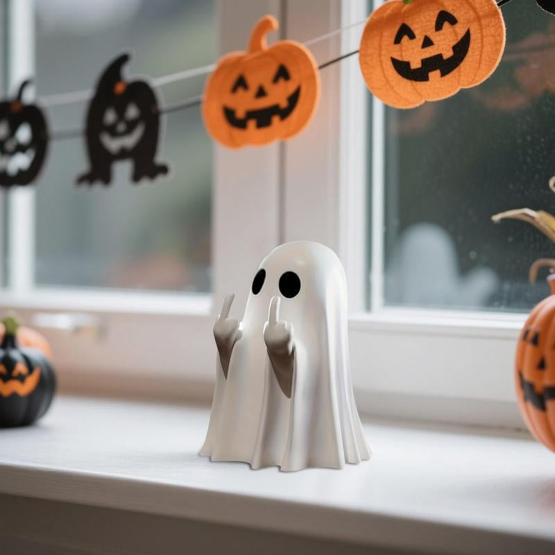 Halloween Ghost Figurine – Spooky Resin Middle Finger Ghost Decor | Cute & Edgy Indoor/Outdoor Halloween Decor for Porch & Home (1 Figurine)