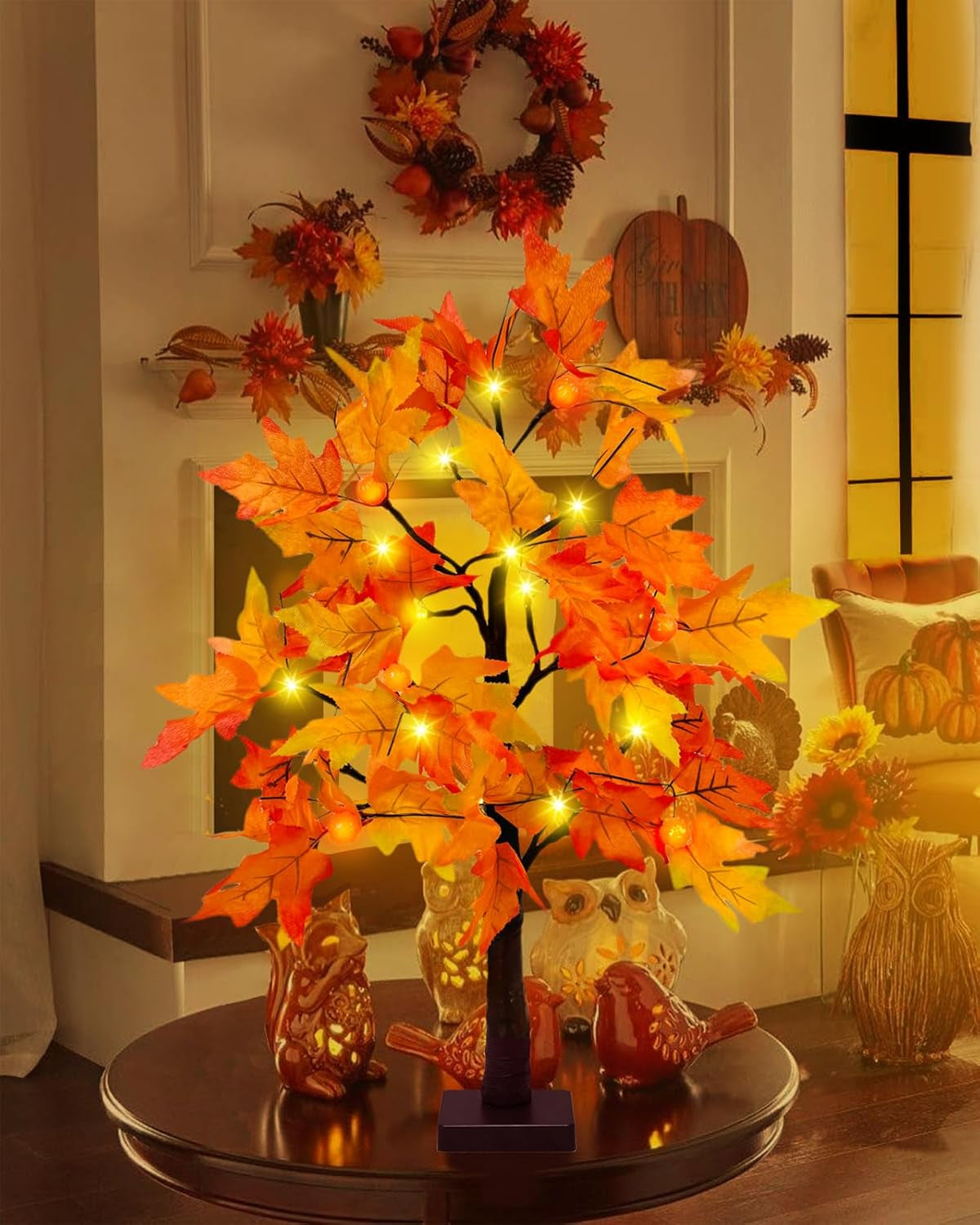 Fall Decorations for Home, 25" 24 LED Artificial Fall Maple Leaves Table Tree with Pumpkins Lights Indoor Wedding Party Autumn Decor