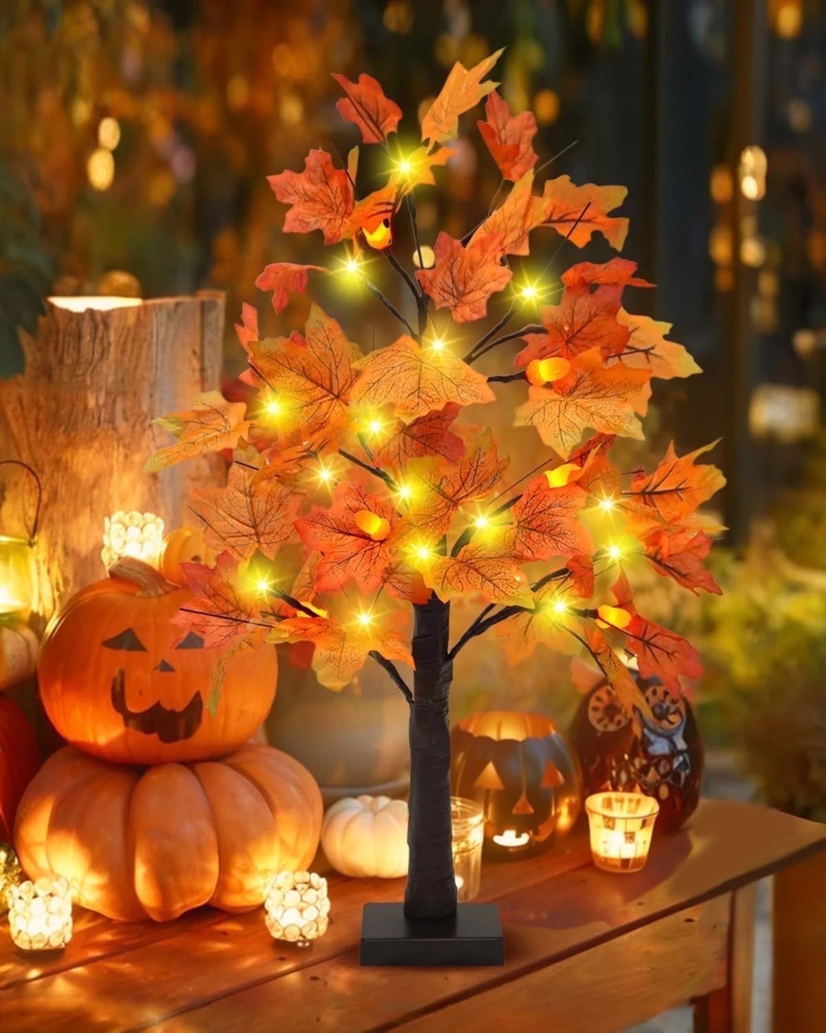 Fall Decorations for Home, 25" 24 LED Artificial Fall Maple Leaves Table Tree with Pumpkins Lights Indoor Wedding Party Autumn Decor