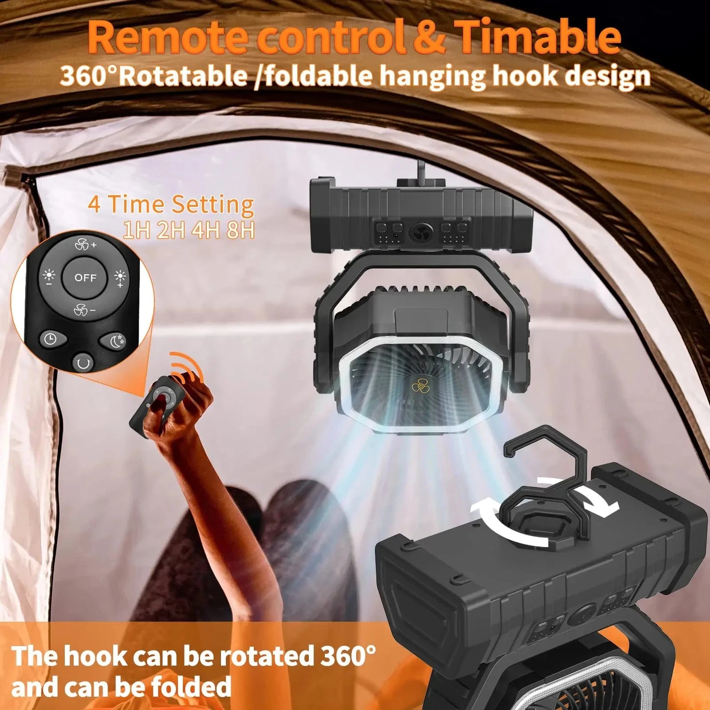 20000Mah High-Capacity Battery LED Light Camping Fan Movable Wireless Air Circulators Outdoor Ventilador with Hook