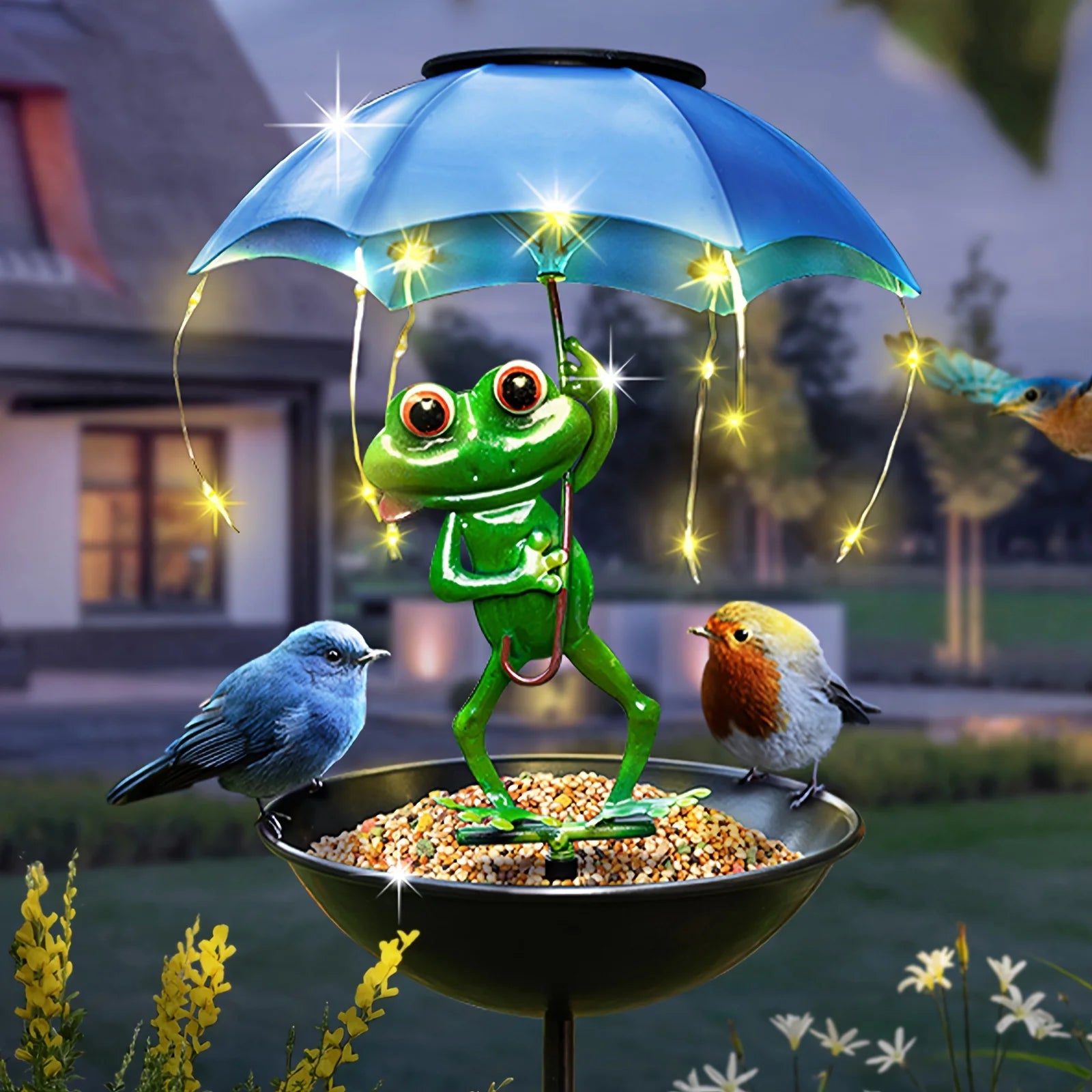 Solar Frog Statue Light Outdoor Garden Decoration LED Light String Bird Hummingbird Feeder Channel Light for Lawns Terraces