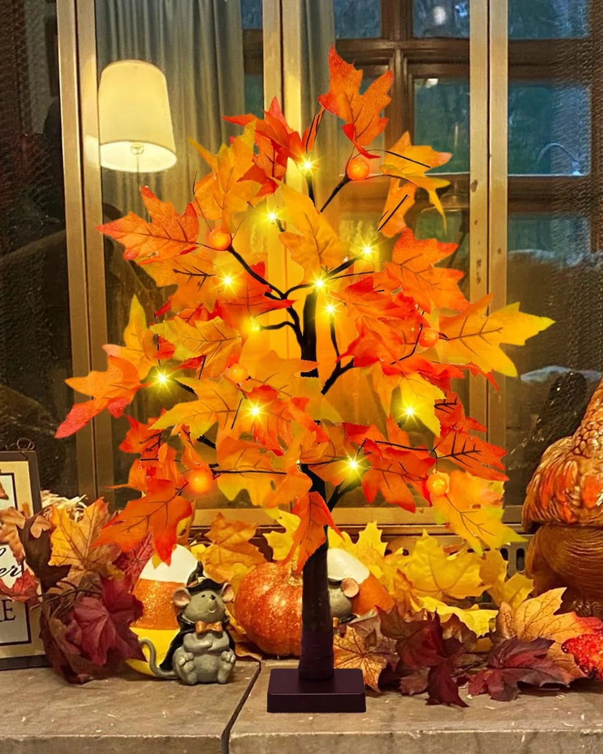 Fall Decorations for Home, 25" 24 LED Artificial Fall Maple Leaves Table Tree with Pumpkins Lights Indoor Wedding Party Autumn Decor