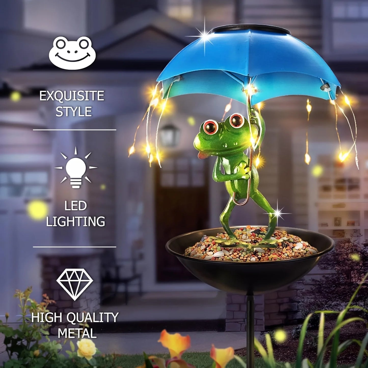 Solar Frog Statue Light Outdoor Garden Decoration LED Light String Bird Hummingbird Feeder Channel Light for Lawns Terraces